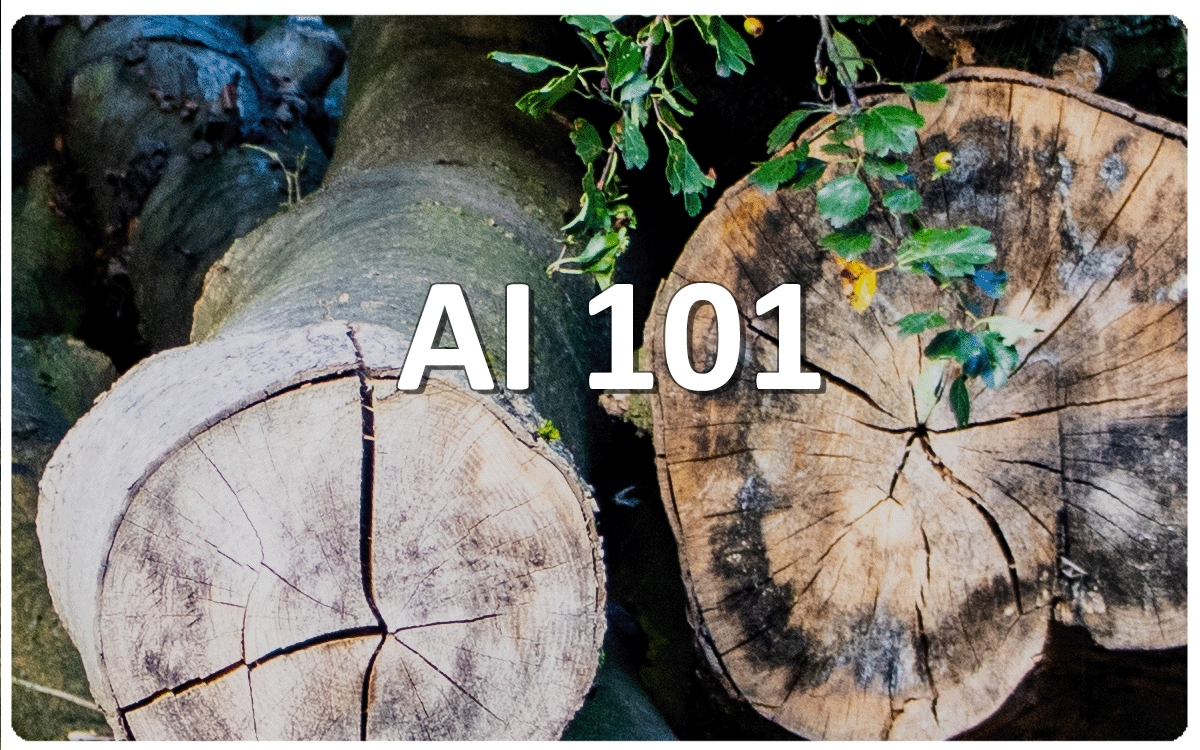 Text AI 101 over two sawn logs with ivy