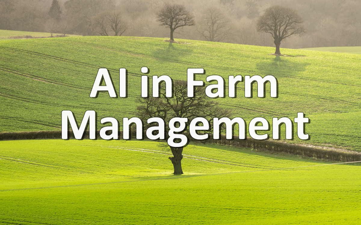 Text of AI in Farm Management over sinously snaking young maize plant rows with background vista of Shropshire farmland